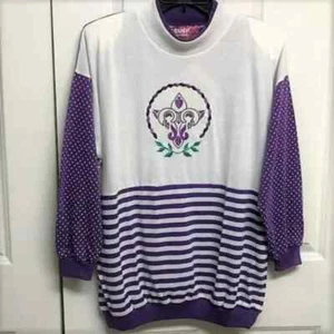 Top informal Cusp púrpura blanco estampado múltiple manga larga hombro caído L nuevo con etiquetas - Imagen 1 de 6