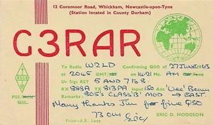 QSL Card CB HAM Radio PostCard 1963 Whickham Newcastle-upon Tyne County Durham - Picture 1 of 2