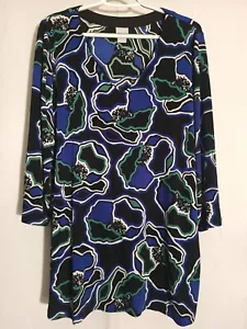 Chicos Traveler-Black Blue Green White Floral Long Sleeve Vneck Acetate Top-3 XL - Picture 1 of 6