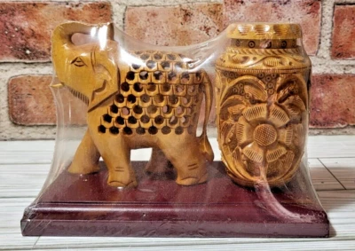 Nuevo elefante de madera y jarrón tallado a mano estatua arte India Foto 1 de 4