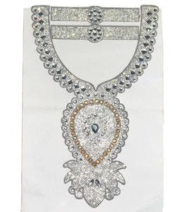 white CLEAR crystal collar embroidery lace applique patch motif HOTFIX - Picture 1 of 1