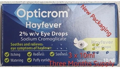 Opticrom Hayfever Eye Drops 10ml X 3 Packs (3 Months suppy) New & Free Del in UK
