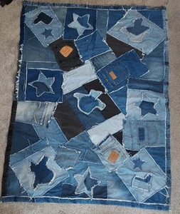 Handmade Denim Jean Patchwork Upcycle Throw Blanket 56in. X 44in. - Picture 1 of 23