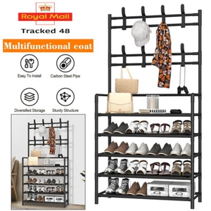 5 Tiers Shoe Rack Shelf Coat Hat Clothes Stand Hanger w/ 8 Hooks Multi-function - Picture 1 of 11