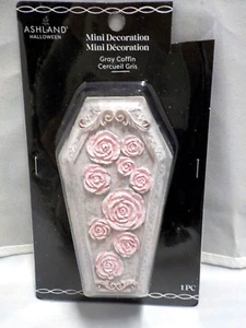 ASHLAND BRAND HALLOWEEN MINI GRAY COFFIN WITH ROSES 4 IN NEW - Picture 1 of 3