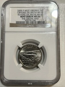 2005 P West Virginia 25c Mint Error MS66 NGC Obverse die break @4 And Rev Brk@8 - Picture 1 of 4