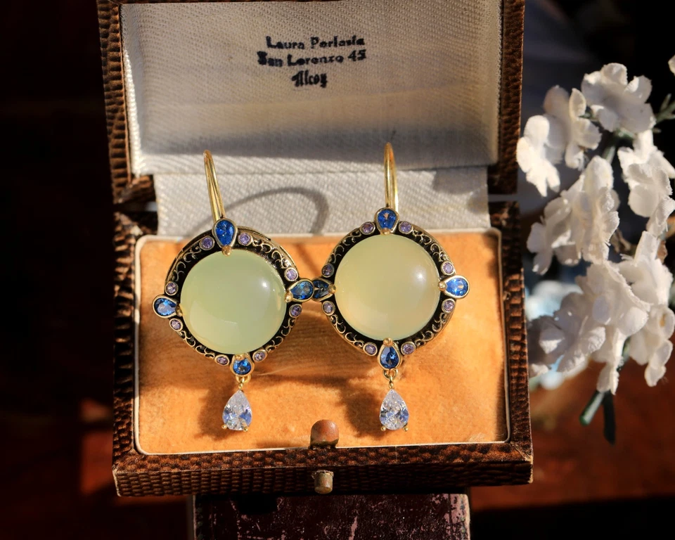 Gruesa Pendientes Colgantes Dorado Engastado Cz Azul Ronda Ágata Verde Claro SB4 - Imagen 1 de 4