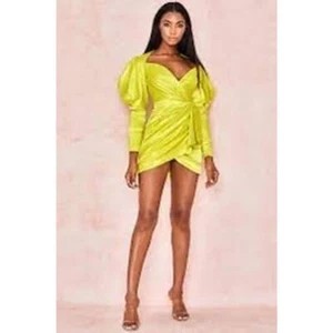 NWT House CB London Marionella Lime Satin Draped Sleeve Dress. Size M. - Picture 1 of 11