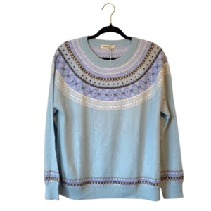 WoolOvers Aqua Pretty Fair Isle Yoke Jumper 100% Merino Wool Sweater Size L NWT - Picture 1 of 9