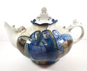 Tetera de colección 1993 azul/bronceado/verde azulado marcado Aciotyehko Eaqha Art Deco sensación 64 oz - Imagen 1 de 24