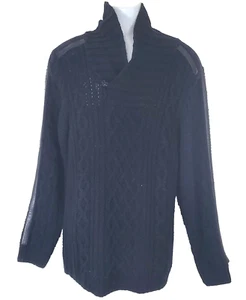 Karl Lagerfeld Sweater Mens 52 XL Black Pullover Faux Leather Accents Chunky - Picture 1 of 11