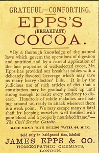 Epps's Breakfast Cocoa James Epps & Co Homeopathic Chemists London anuncio impreso 1888 - Imagen 1 de 6