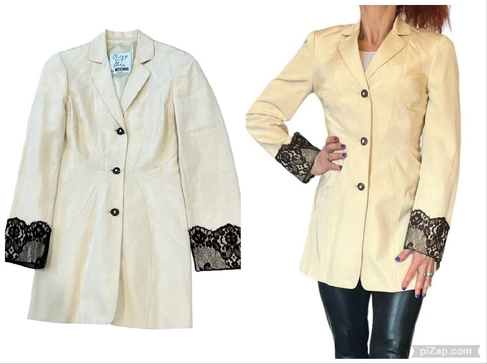 VINTAGE MOSCHINO CHEAP & CHIC IVORY 3 BUTTON LONG BLAZER JACKET LACE CUFF 2/4 - Image 1 of 4