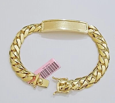 Pulsera de oro real 14k Miami eslabón cubano placa de identificación 10 mm 8,5 pulgadas sólido 14KT Foto 1 de 4