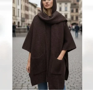 NUEVO Zara Chal Cuello Tejido Chaqueta Capa Cárdigan Bufanda Bolsillos Marrón Chocolate M - Imagen 1 de 8