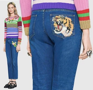 GUCCI JEANS DENIM EMBROIDERED FLOWER ROARING TIGER $980 sz 32 IT 46 US XL - Picture 1 of 23