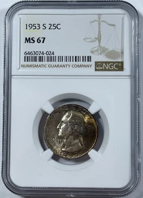1953-S Washington 25C (#14981) NGC MS67. Nice toning both sides. - Image 1 of 2