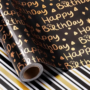 LeZakaa Reversible Wrapping Paper Roll, Happy Birthday - Black gold - Picture 1 of 2