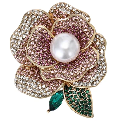 Broche prendedor flor peonía rosa vintage perla estrás cristal oro joyería regalo Foto 1 de 4
