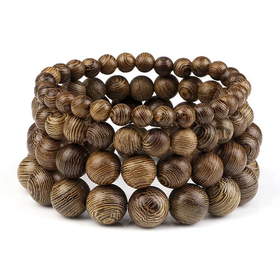 6 Pc Wood Beaded Bracelet Women Vintage Round Adjustable Stretch Jewelry - Image 1 of 4