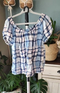 Soft Plaid Off-Shoulder Shirt, Size 7 Girls, White, Shades Of Blue - Picture 1 of 3