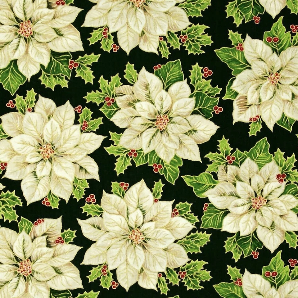 Happy Christmas Poinsettia Dark Green 100% Cotton Fabric by The Yard - Image 1 of 1