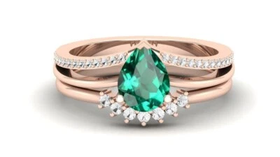 Anillo de boda de diamantes esmeralda creado en laboratorio corte pera de 2 quilates enchapado en oro rosa de 14 quilates Foto 1 de 3