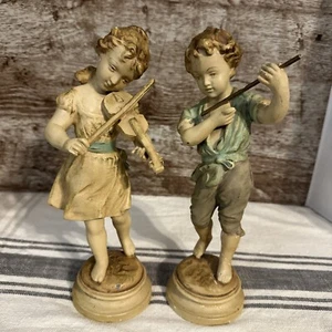 Vintage Henryk Kossowski Painted Spelter Boy & Girl Playing Instruments 10.25"VG - Picture 1 of 13