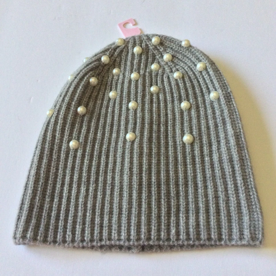 KATE SPADE ACRYLIC AND WOOL  KNIT BEANIE WITH FAUX PEARLS GRAY  OS NWOT - Image 1 of 4