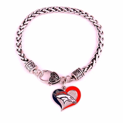 Denver Broncos Football Heart Charm Dangle Women's Fashion Clasp Bracelet Cover