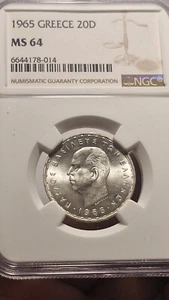 GREECE - 20 DRACHMAI 1965 NGC MS 64 - Picture 1 of 2