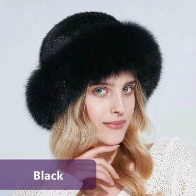 Sombrero de piel de visón real para mujer Gorra tejida Moda Bowler Top Sombrero Gorra con ala de piel de zorro Foto 1 de 4
