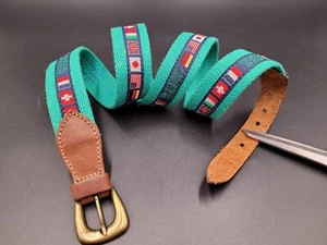 Benetton Vtg Belt Cotton Leather Green Flags XL 39x1.25 80s 90s Italian Fashion - Picture 1 of 9