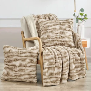 3Pc Set Raccoon Fur Throw Blanket with Pillow Covers – Soft Warm Patchwork Taupe - Picture 1 of 8