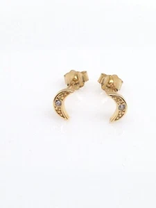 925 Sterling Silver Cz Gold Crescent Moon Stud Earrings Dainty Tiny Studs 6mm - Picture 1 of 8