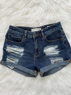 Pantalones cortos de mezclilla para mujer PacSun Bullhead tiro alto desgastados 26 lavado oscuro Foto 1 de 4