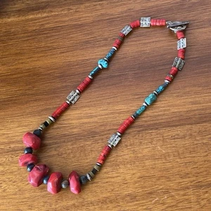 Vintage Navajo Chunky Red Coral & Turquoise Necklace 19" Native American - Picture 1 of 15
