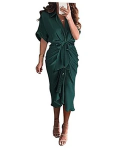 2025 Women Button Down Ruched Shirt Dresses Short Sleeve Lapel V Neck Elegant - Picture 1 of 7