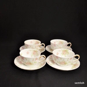 Haviland 4 Cups & Saucers Schleiger 52 Pink Flowers w/Gold on Handle 1894-1931 - Picture 1 of 12