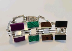 Vintage Taxco Mexico 950 Silver Multi Color Stone Bracelet - Picture 1 of 13
