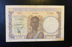 Occidentale, French West Africa, 25 Francs, 1943, P-38, Banknote, VF+ - Picture 1 of 2