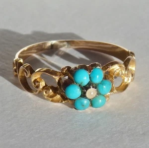 Antiker georgianischer Cluster-Ring 15 kt Gold Türkis & Perle um 1825; UK-Größe "L" - Bild 1 von 7