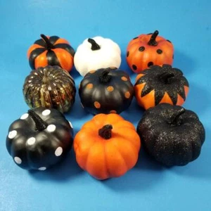 9 Fall Decor Pumpkins Lot Set Mix 3" Plastic Gourds Halloween Orange Black White - Picture 1 of 7