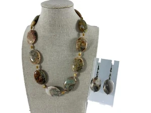 Conjunto de pendientes colgantes de collar de piedras preciosas ovaladas pulidas con cuentas tonos tierra 19" - Imagen 1 de 11