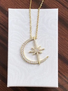 925 Sterling Silver Cz North Star Crescent Moon Pendant Necklace Womens 24mm - Picture 1 of 13