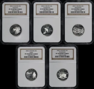 2002-S IN, LA, MS, OH, & TN Silver State Quarter 5pc Set NGC PF-70 Ultra Cameo - Picture 1 of 2