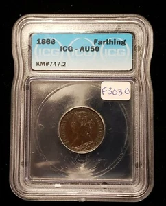 1866 Great Britain 1 Farthing - ICG AU 50 - Chocolate Brown - SKU-F3030 - Picture 1 of 6