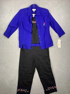 AKC 3pc Pant Set Womens Small Black Blue Linen Blend Floral Casual-Suit VTG 90s - Image 1 of 4