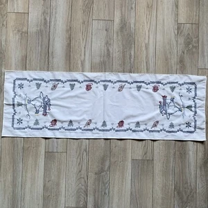 Christmas Linen Table Runner Cross Stitch Polar Bear On Ice Skates Tree 43 X 14” - Picture 1 of 7