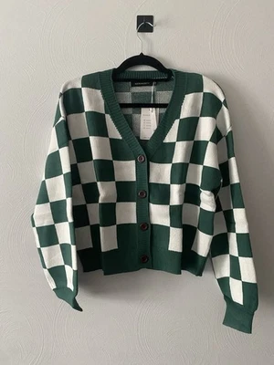 Women's Cropped Cardigan Sweater Size M Green White Checker Oversized - Image 1 of 3